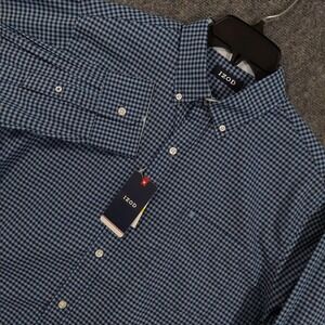 IZOD Shirt Mens Medium Blue Revival LS Essential Woven Button Down Plaid Gingham